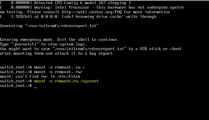 centos 관리자모드 부팅완료 후 읽기전용 마운트 1.png